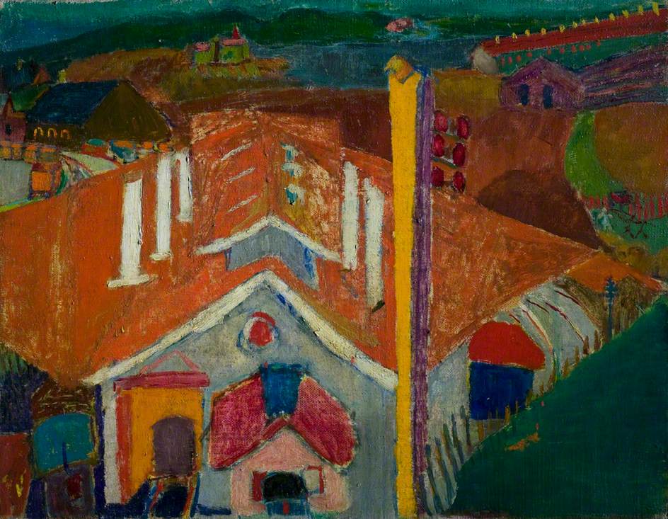 Heinz Koppel, ‘The Engine Shed, Dowlais’, 1951 (© estate/stad Heinz Koppel. Photo credit/Cydnabyddiaeth llun: Leicester Museums and Galleries/Amgueddfeydd ac Orielau Caerlŷr)